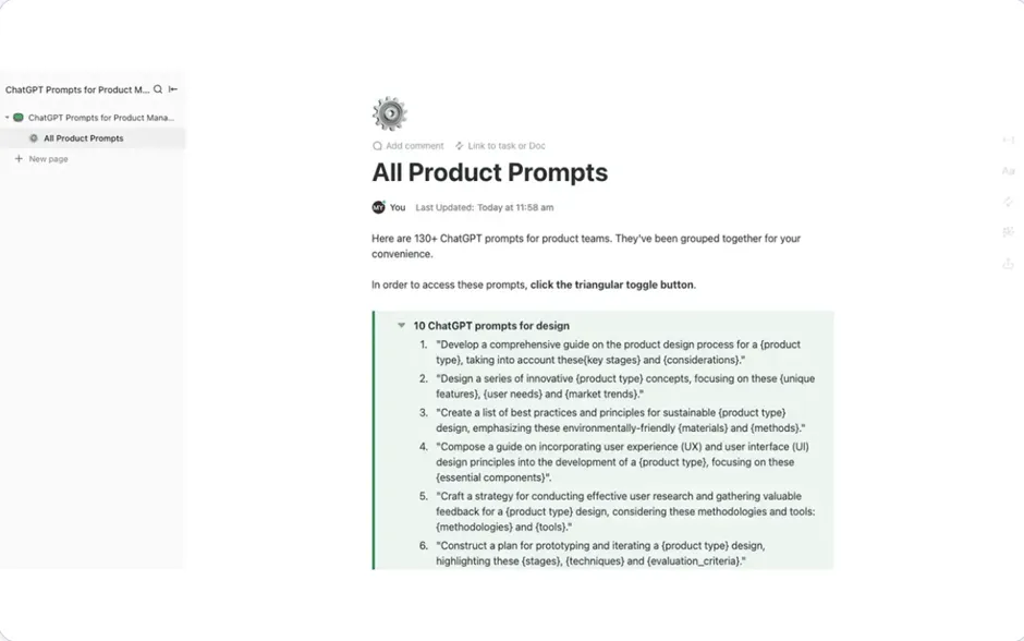 Шаблонът ChatGPT Prompts for Product Management на ClickUp е създаден, за да ви помогне да създавате съдържание и да подобрите уменията си за управление на продукти.