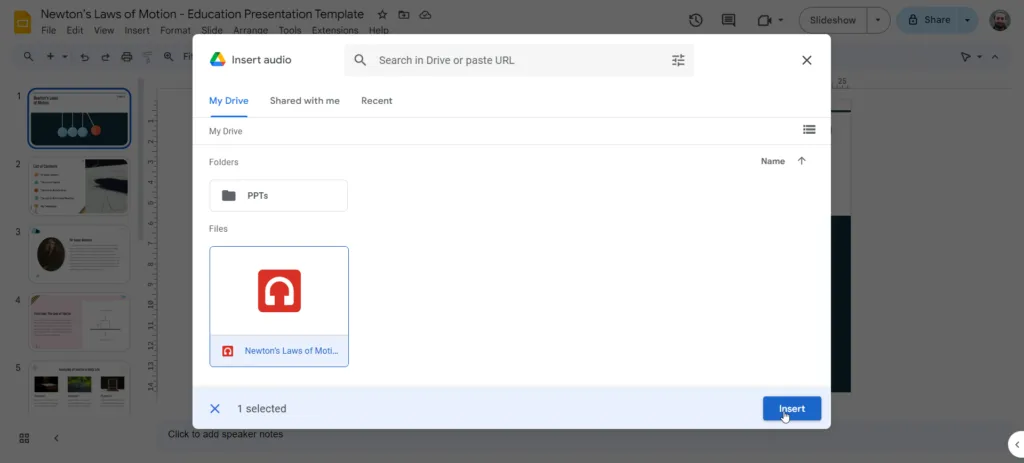 So fügen Sie Voice-Over zu Google Slides hinzu: Wählen Sie den richtigen Ordner aus Google Drive aus.