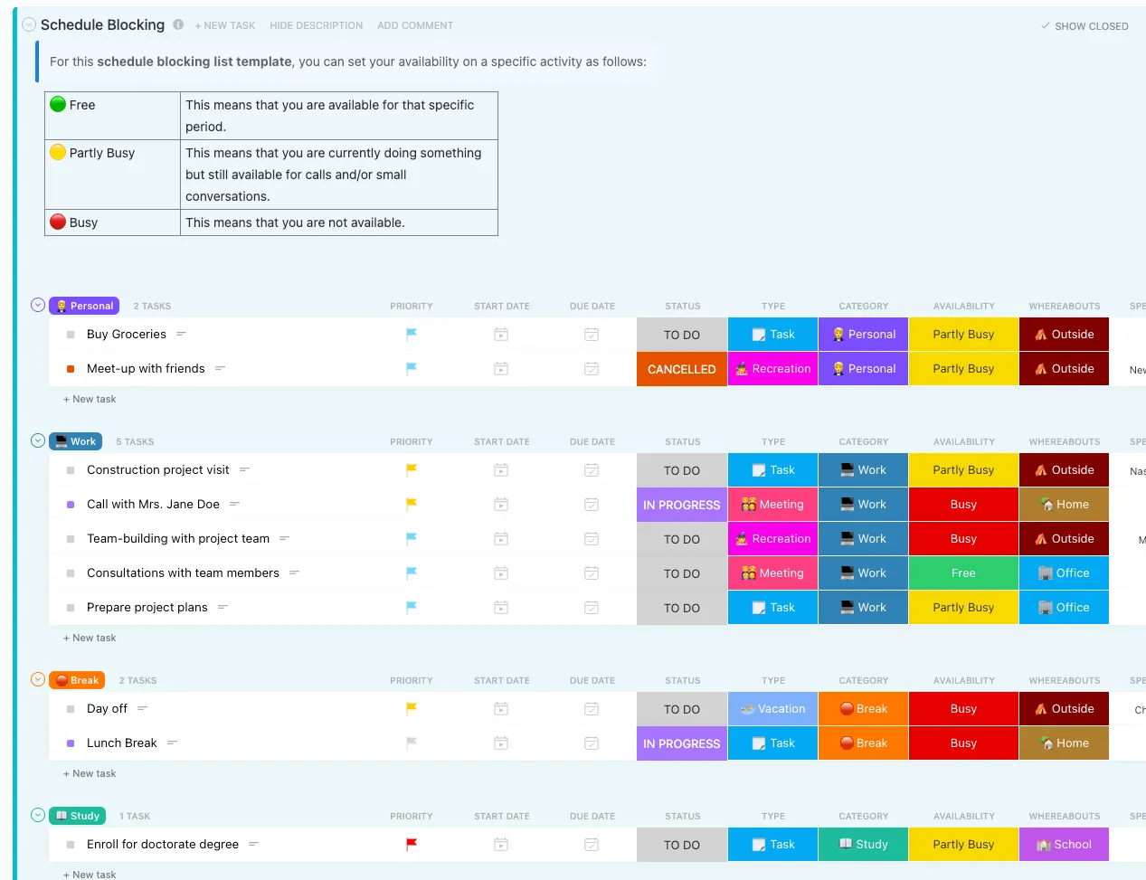 Modèle de liste de gestion du temps ClickUp