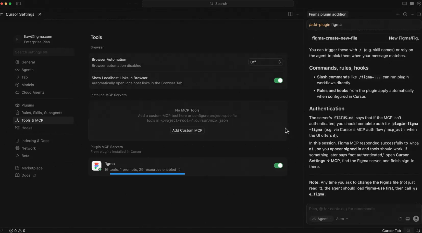 De Tools &amp; MCP-instellingen van Cursor, met de ingeschakelde Figma-plug-in met 16 tools, één prompt en 29 bronnen, naast instructies voor de agent-chat voor verificatie en de bewerking van Figma-ontwerpen