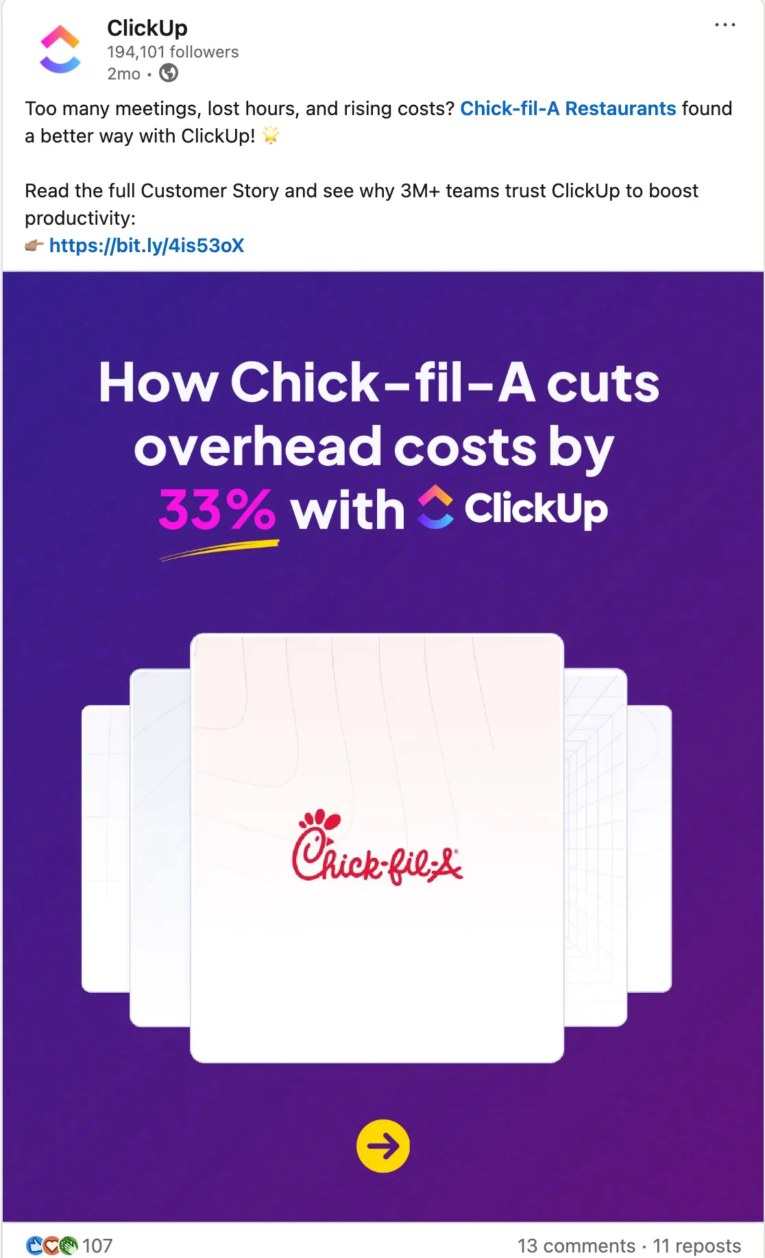 โพสต์ของ ClickUp เพื่อแสดงวิธีการสร้างคุณค่าจากกรณีศึกษา