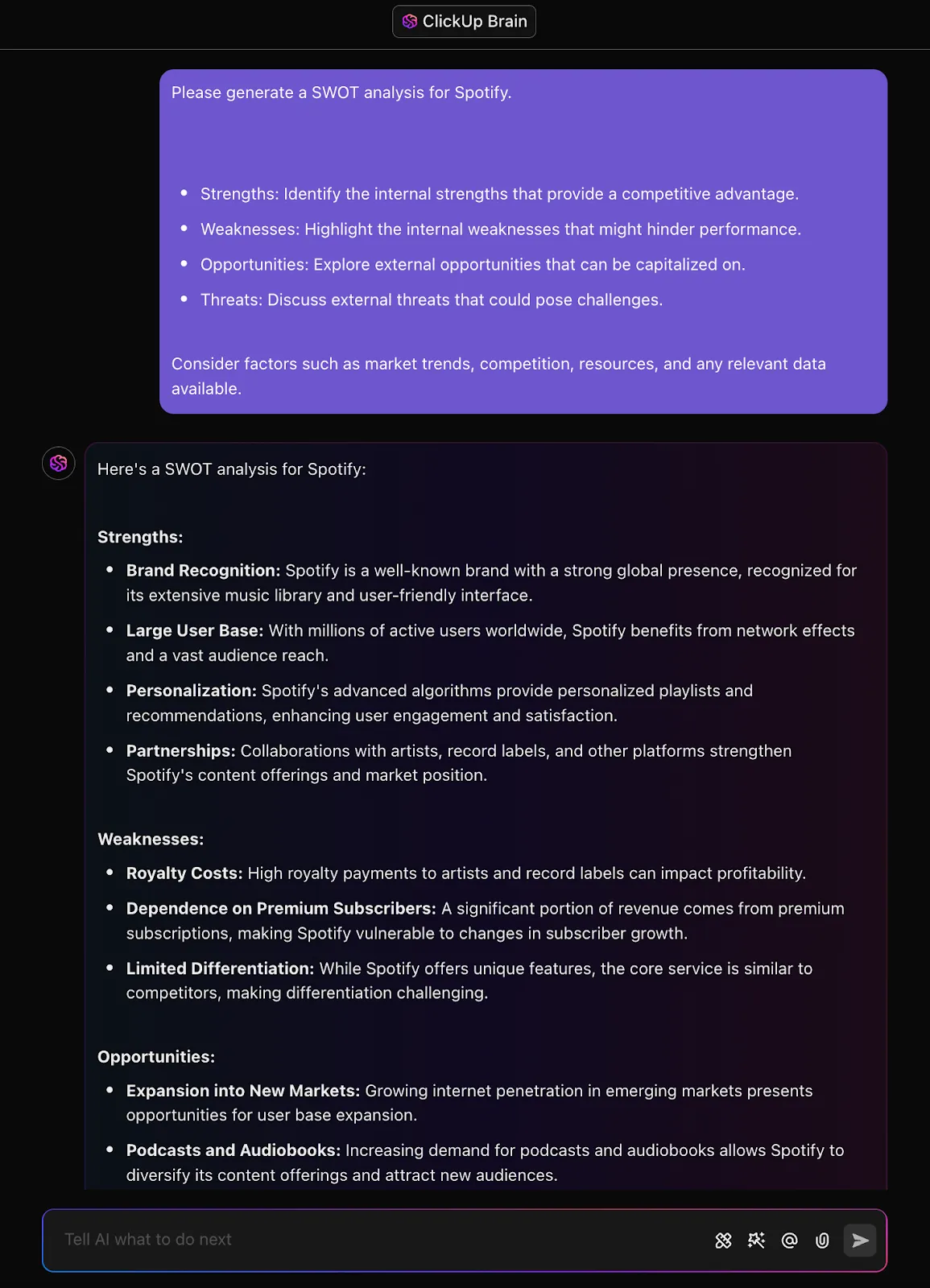 Генератор за SWOT анализ: Използвайте ClickUp Brain, за да стартирате своя SWOT анализ.