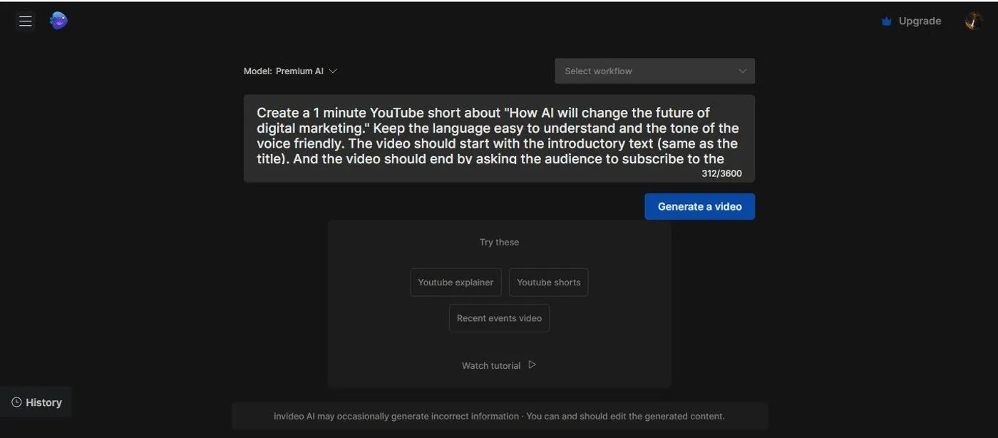 Génération vidéo InVideo IA