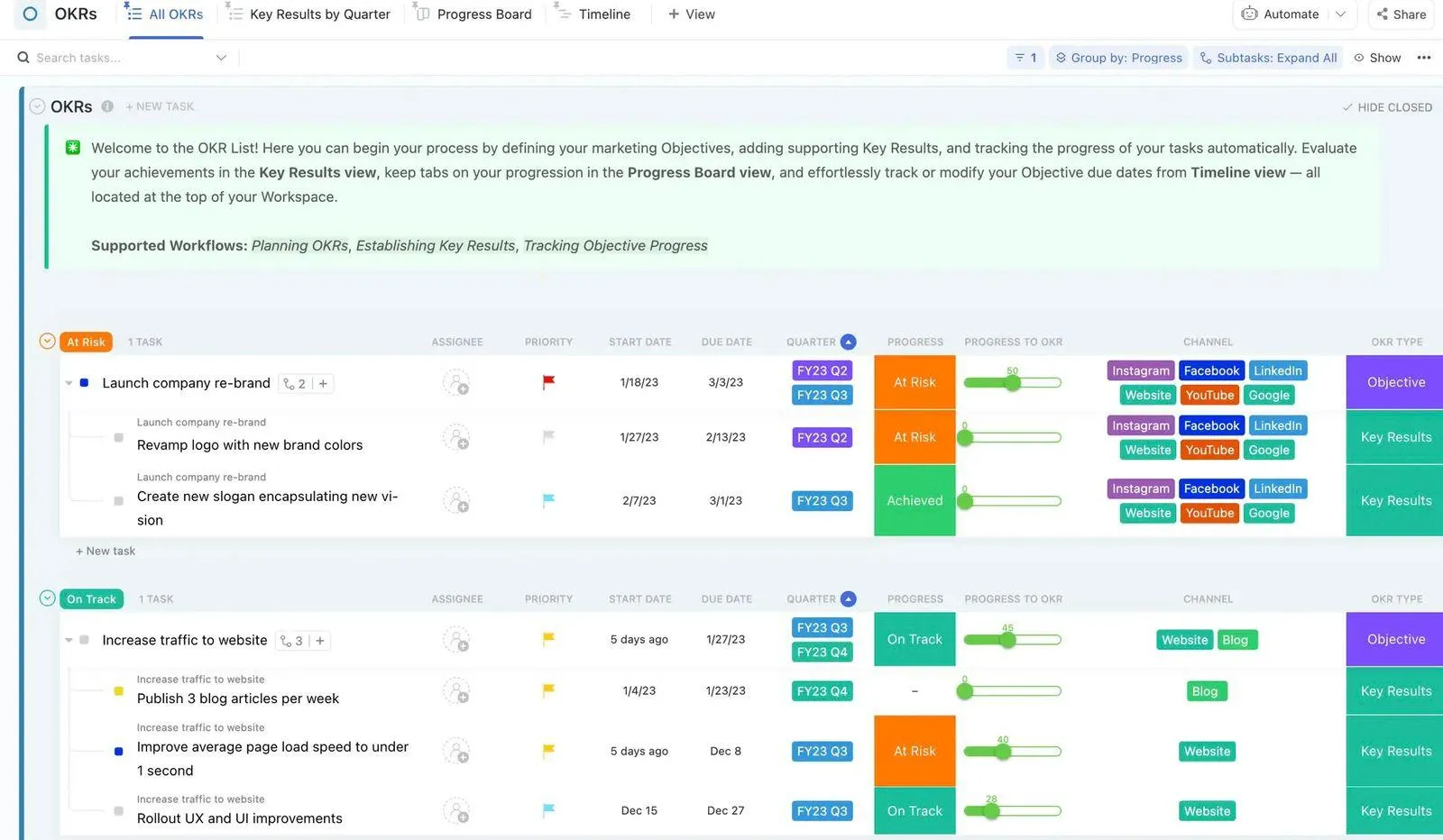 Definieren und verfolgen Sie Ihre OKRs, entwerfen Sie eine Karrierematrix, richten Sie Onboarding-Aufgaben ein und erstellen Sie SOPs mit der ClickUp-Vorlage für Marketing-Team-Operationen.
