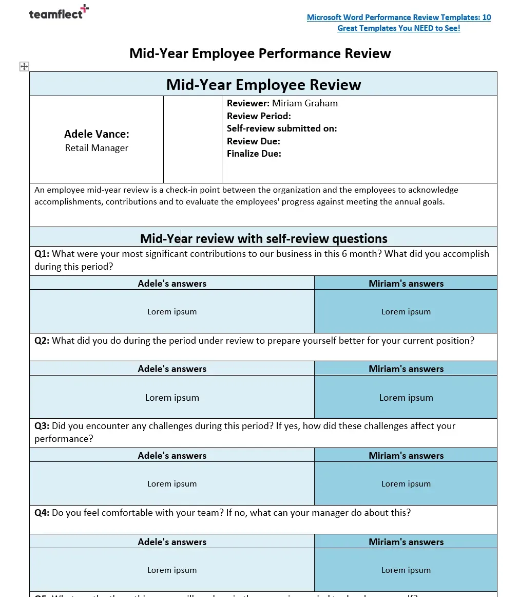 Modello Word ed Excel per la valutazione semestrale dei dipendenti di Employee Review Templates