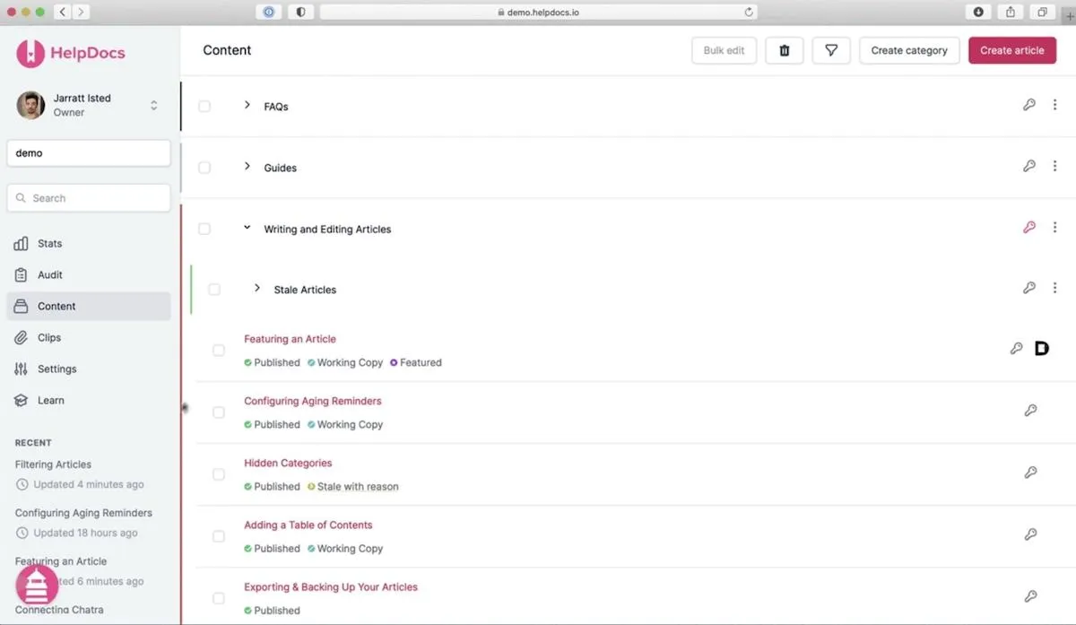 Software de manual do usuário: página de conteúdo do HelpDocs