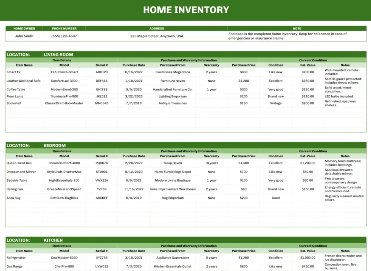 เทมเพลตบัญชีรายการทรัพย์สินในบ้าน