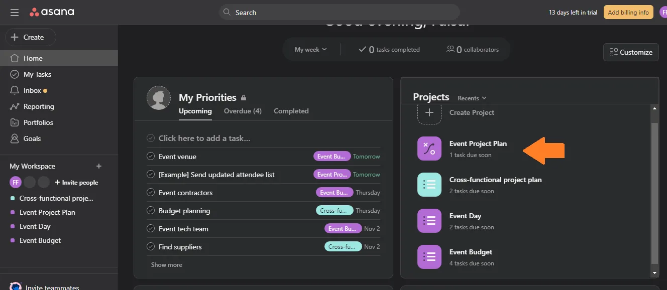 Selecciona un proyecto en Asana para exportar datos.