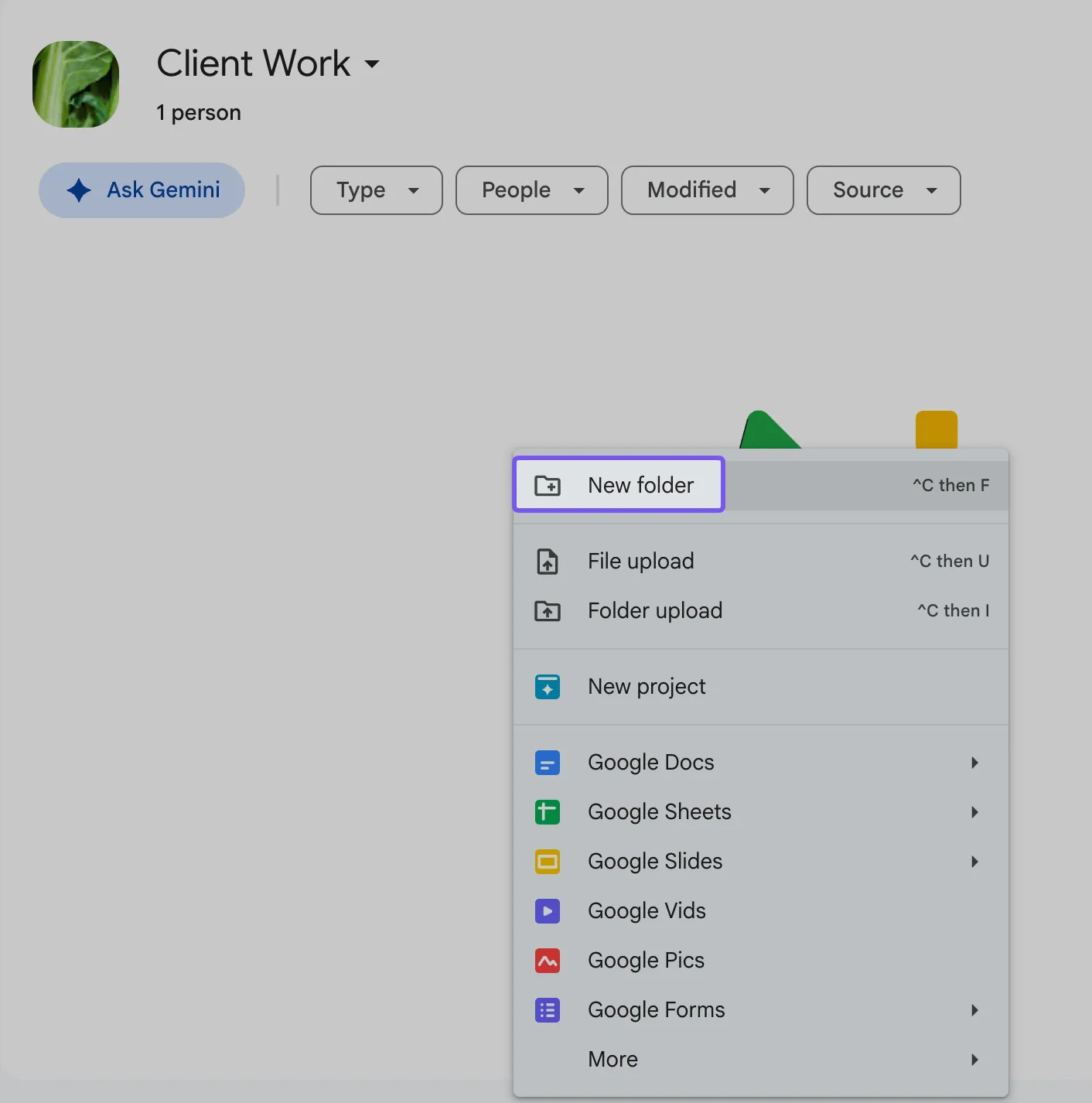Neu > Neuer Ordner: Google Drive-Client-Portal