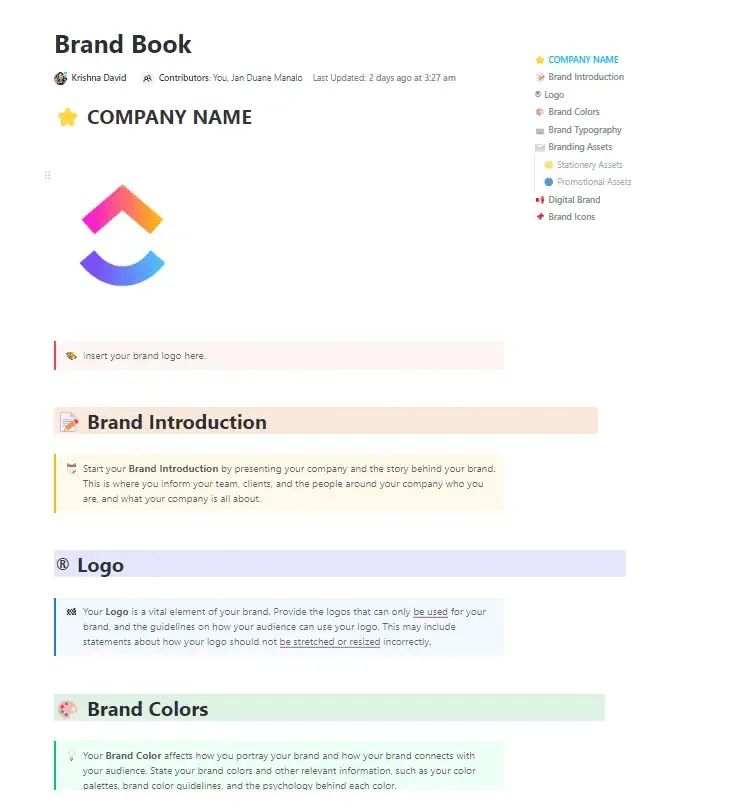 Utiliza la plantilla del libro de marca para organizar todas tus ideas en un solo lugar.