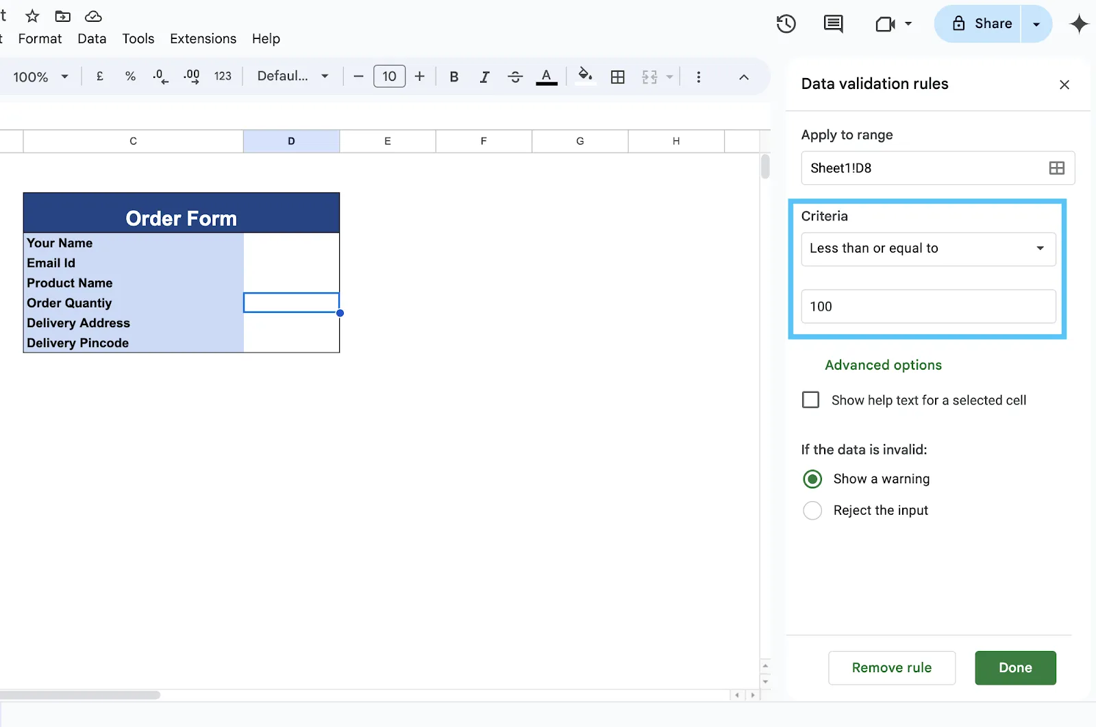 Az adatok érvényesítésének kritériumai a Google Táblázatokban