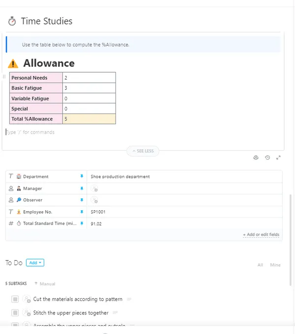 Verfolgen und analysieren Sie Arbeitsaktivitäten mit der Zeitstudien-Vorlage von ClickUp.