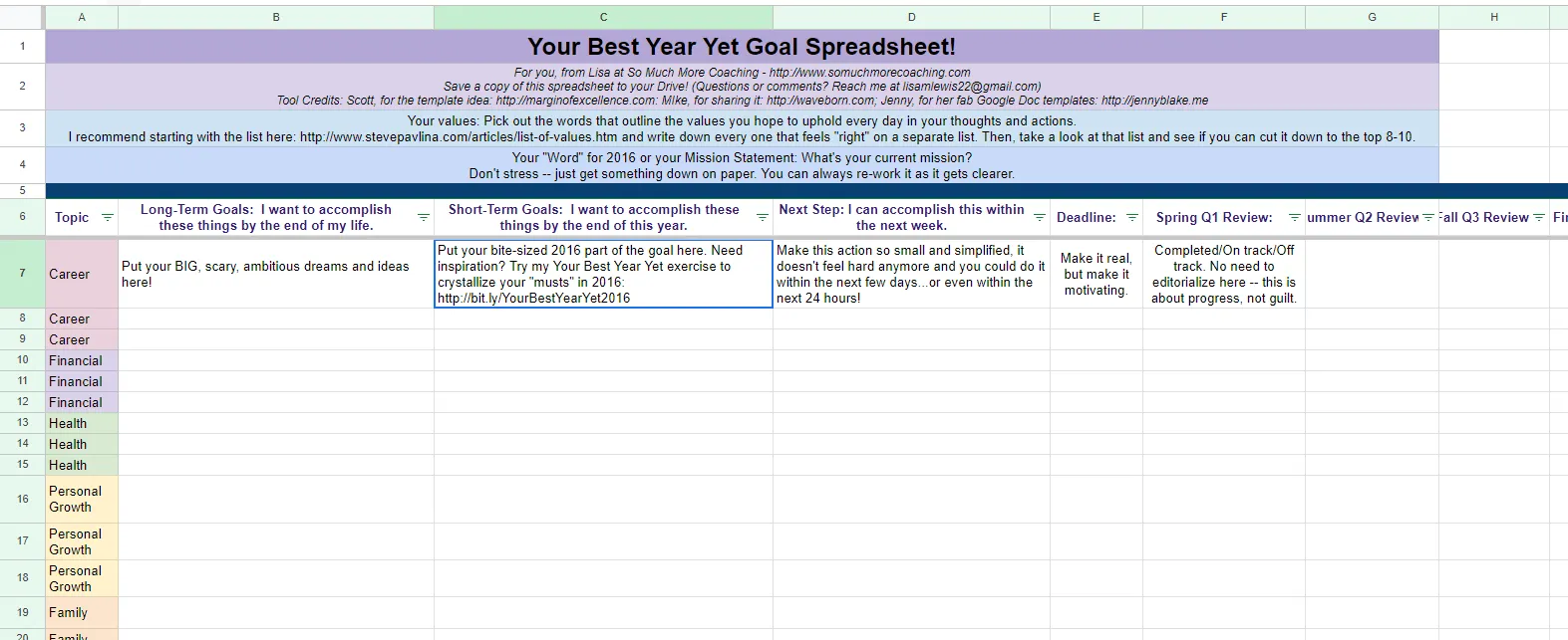 ปีที่ดีที่สุดของคุณ: แม่แบบสเปรดชีตเป้าหมายจาก So Much More Coaching: แม่แบบติดตามเป้าหมาย Google Sheets