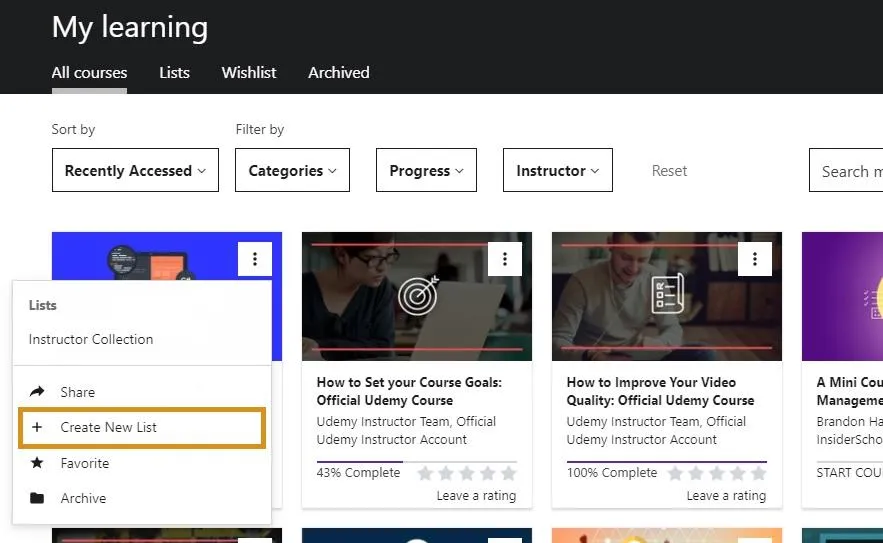 Pasa el cursor por encima de la opción Crear nueva lista en Udemy.