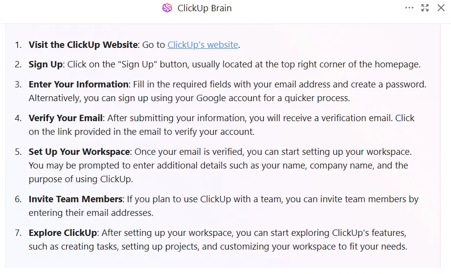 Požádali jsme ClickUp Brain, aby popsal proces registrace do ClickUp pomocí výkladového stylu.