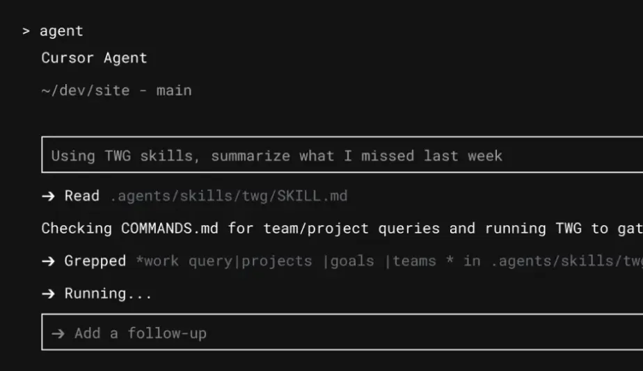 De Cursor Agent-terminal leest de instructies voor de vaardigheid ‘Teamwork Graph’ en zoekt naar project-query-commando’s in reactie op een verzoek om een overzicht te geven van de activiteiten die de afgelopen week zijn gemist