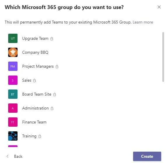 Escolha um grupo existente do Microsoft 365 para criar uma equipe_Como criar uma equipe no Microsoft Teams