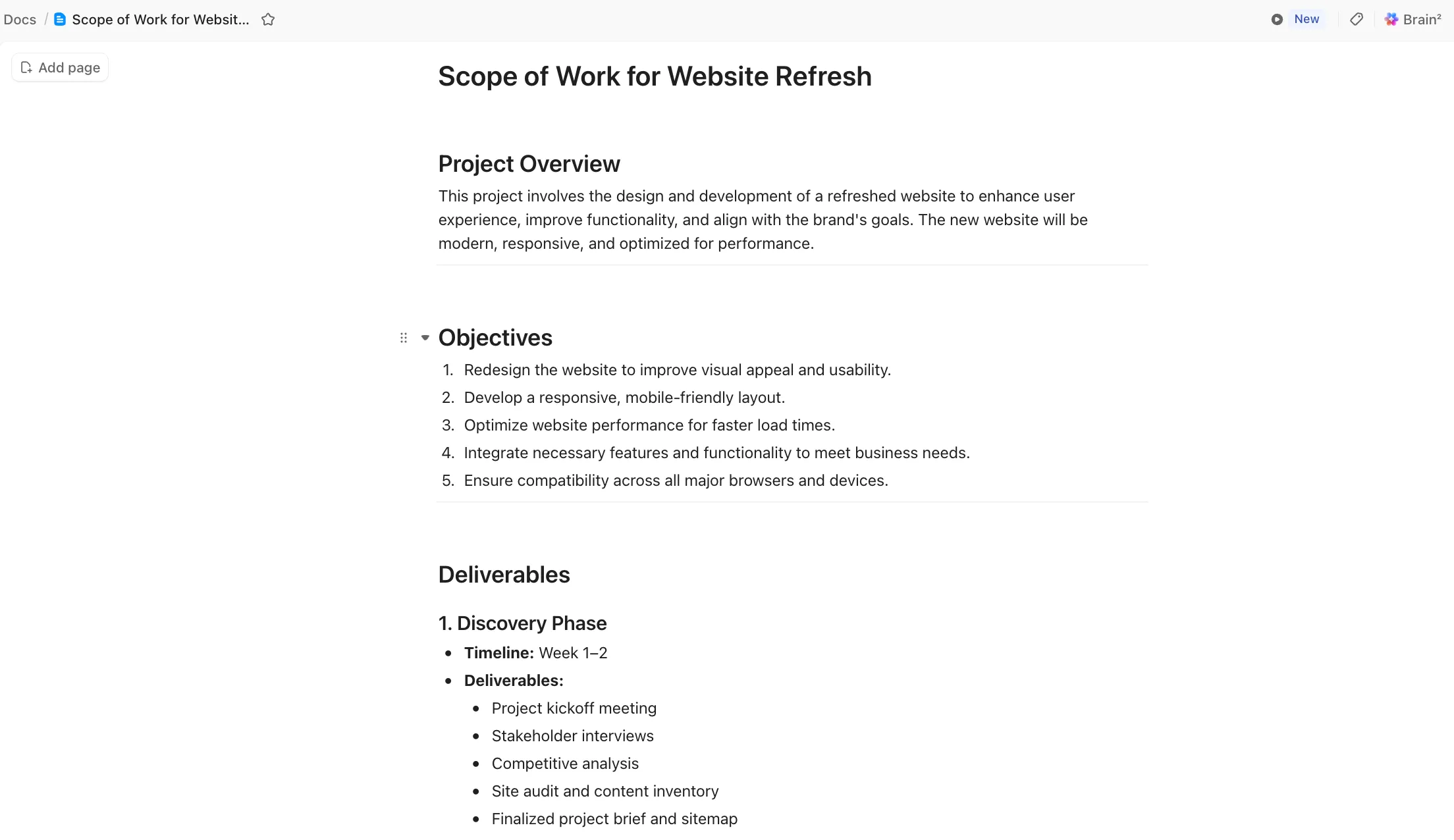 ClickUp Brainを活用して、ClickUp Docsで仕事範囲定義書を作成しましょう