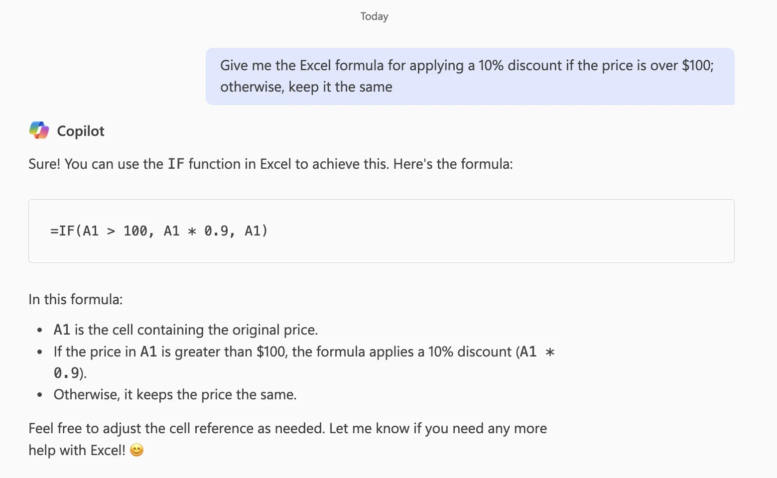 Geef me de Excel formule voor het toepassen van 10% korting als de prijs hoger is dan $100; anders, houd het hetzelfde Prompt: ai excel formules