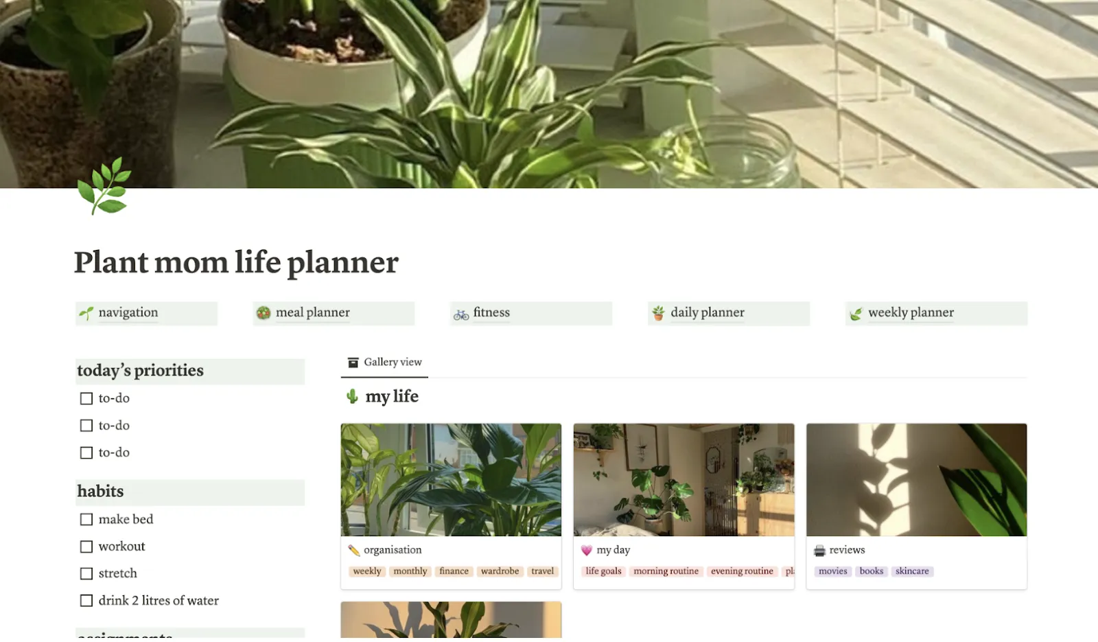 Agenda esthétique sur le thème des plantes via Notion