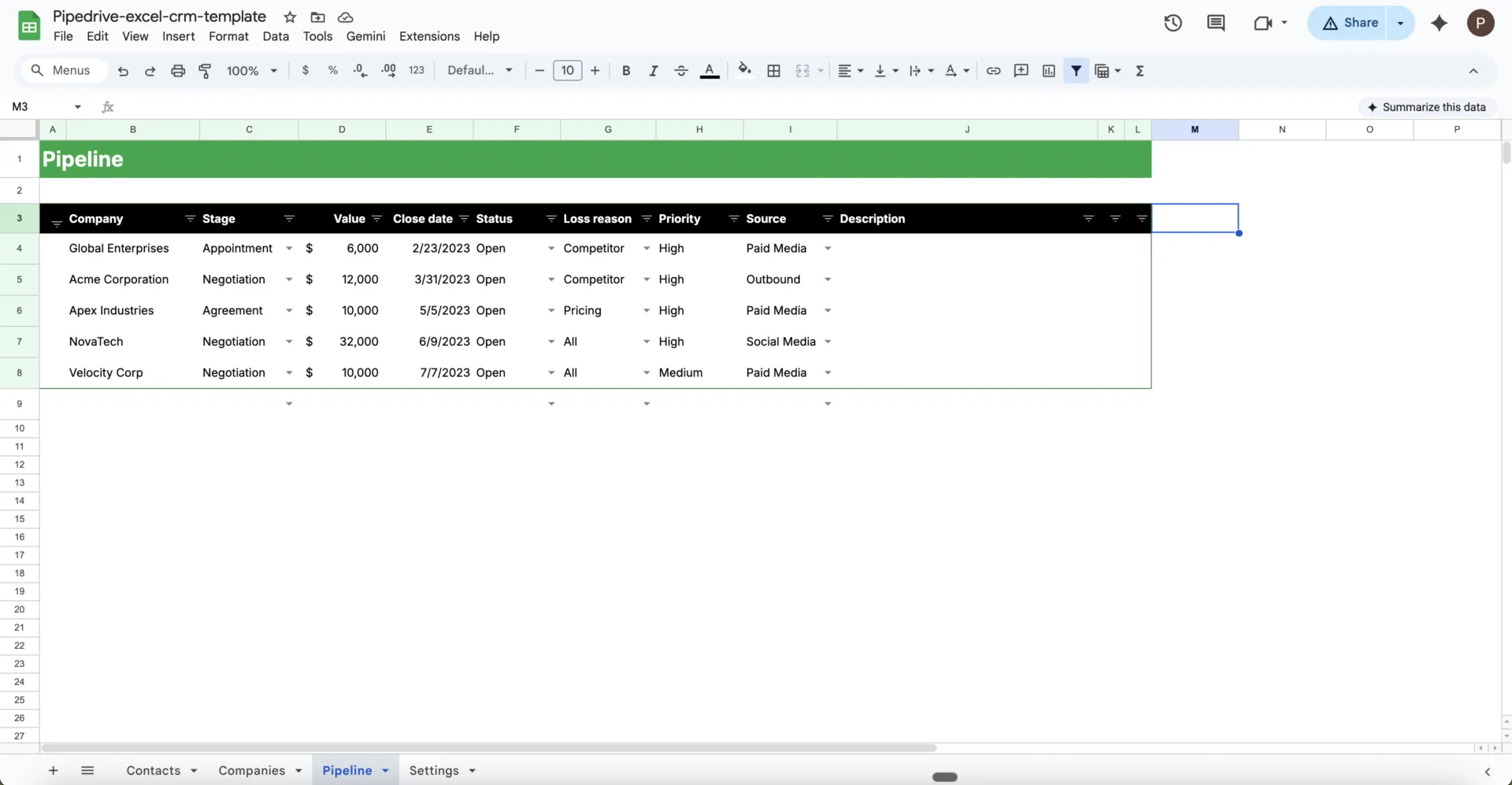 Pipedrive 엑셀 CRM 템플릿
