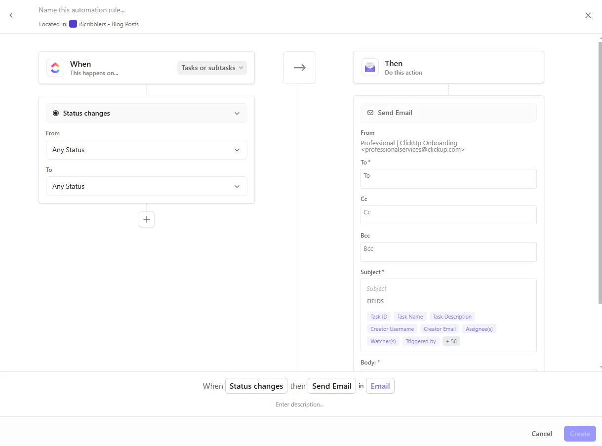 Modèle d'automatisation des e-mails ClickUp