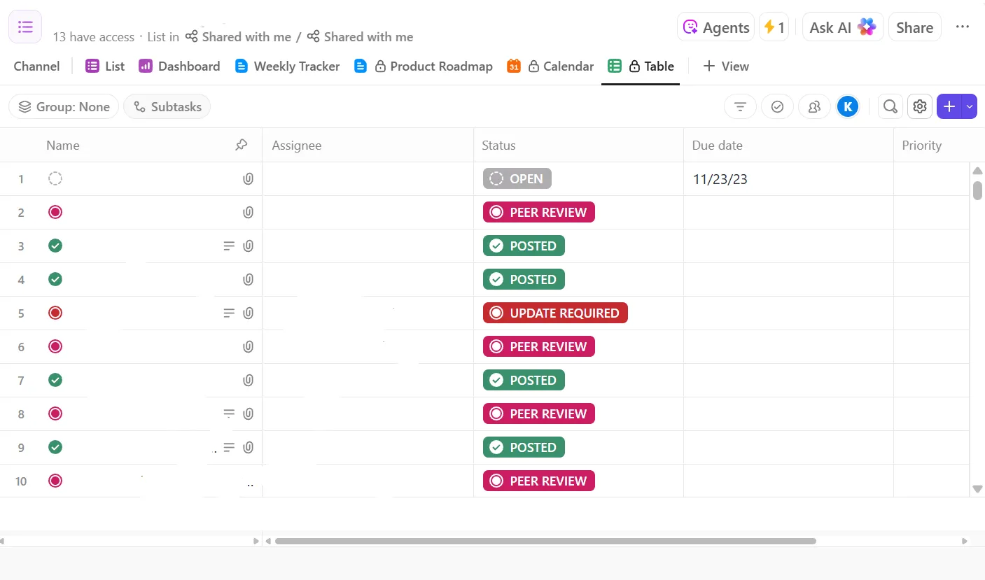 Cree una versión tabular de sus datos para organizarlos como desee en la vista Tabla de ClickUp: cómo insertar Excel en Word.