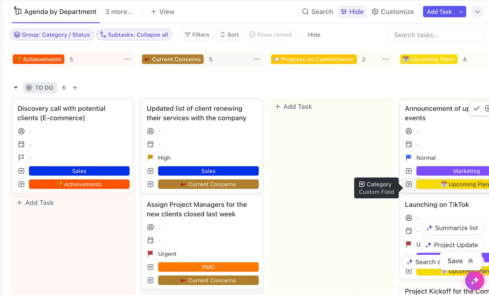 Obtenga una panorámica de las metas y proyectos de un departamento o subgrupo con la plantilla del plan de gestión de equipos de ClickUp.