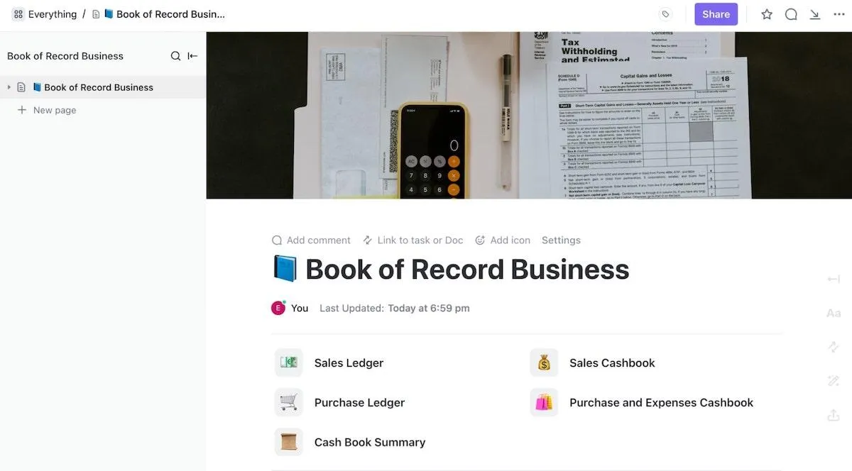 Modèle commercial ClickUp Book of Record pour l'entreprise