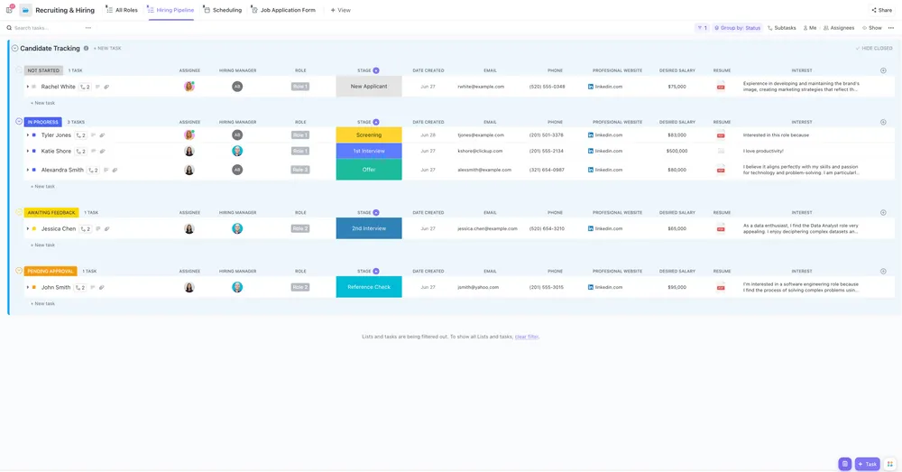 Modèle ClickUp pour le recrutement et l'embauche