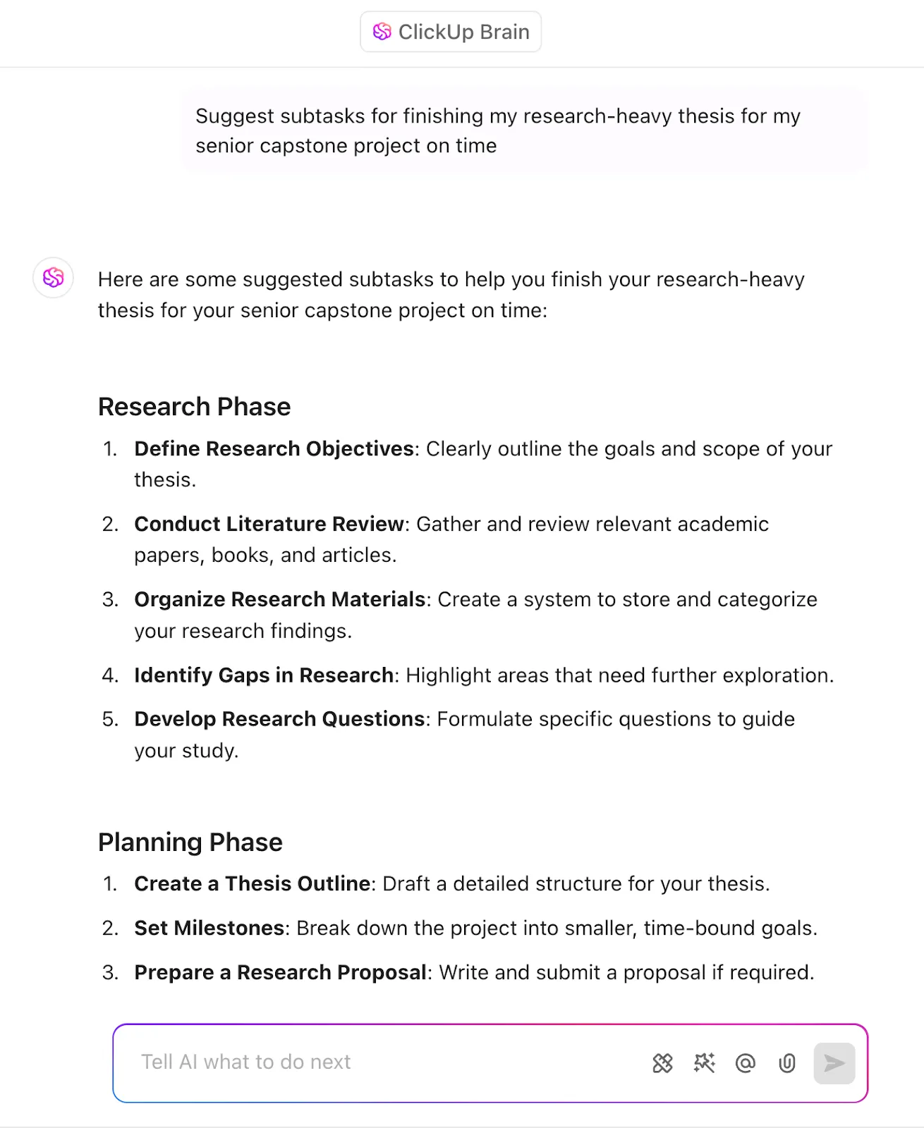 Usa ClickUp Brain per generare automaticamente attività secondarie gestibili per i tuoi progetti complessi