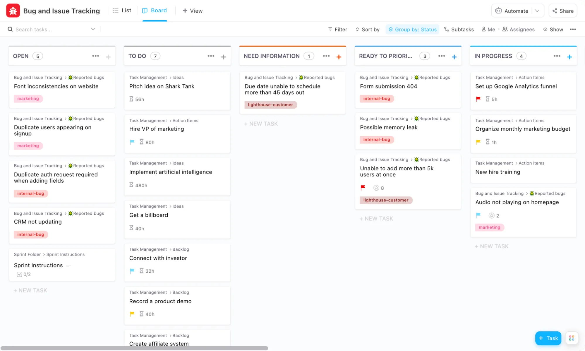 Modèle de suivi des bugs et des problèmes par ClickUp