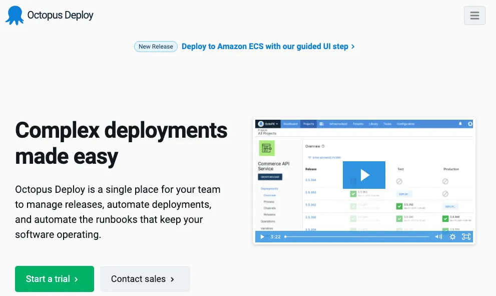 Page d'accueil de la gestion des versions Octopus Deploy