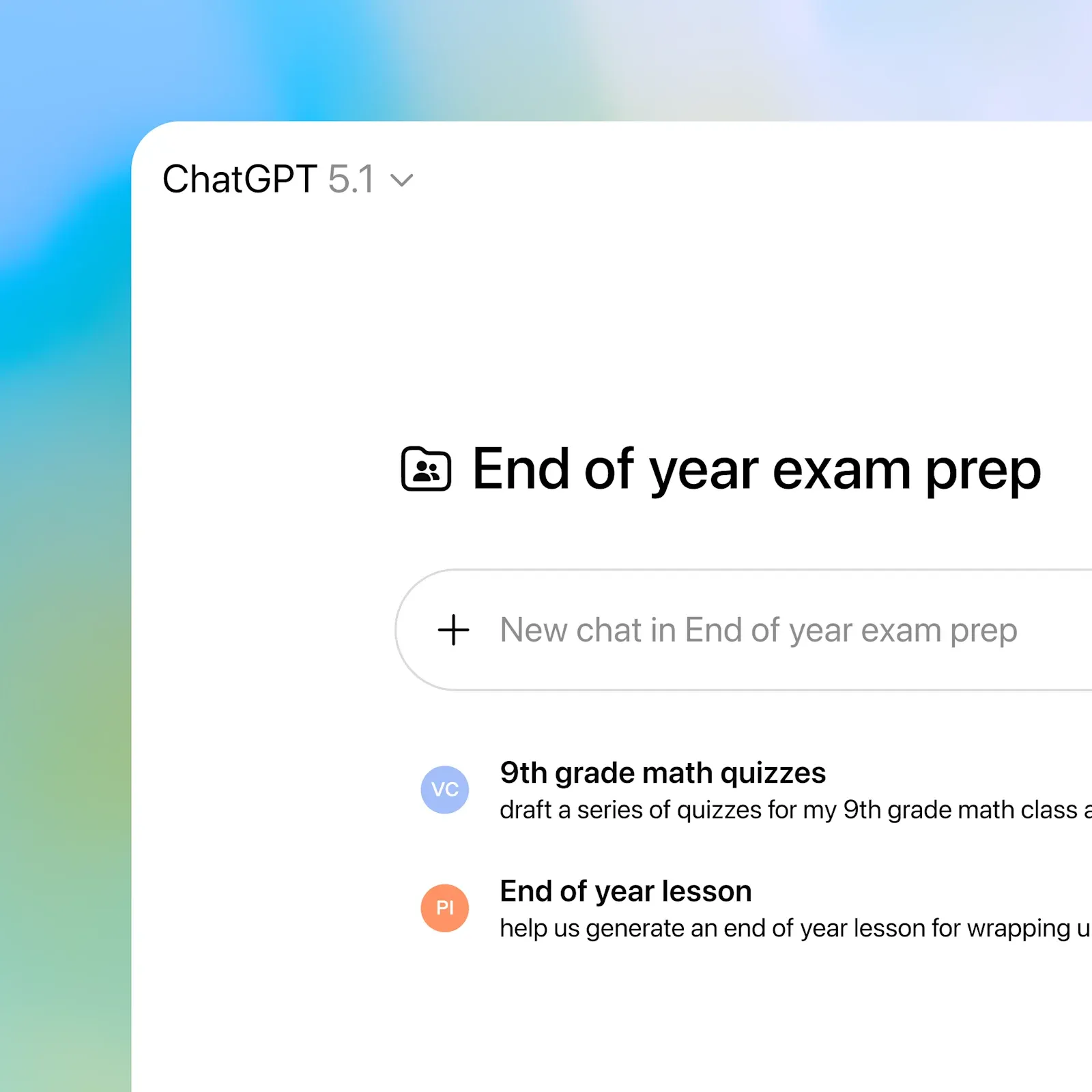 ChatGPT ha effettuato la condivisione di un progetto con il titolo “Preparazione agli esami di fine anno”, che include conversazioni relative a quiz di matematica per la terza media e una lezione di fine anno