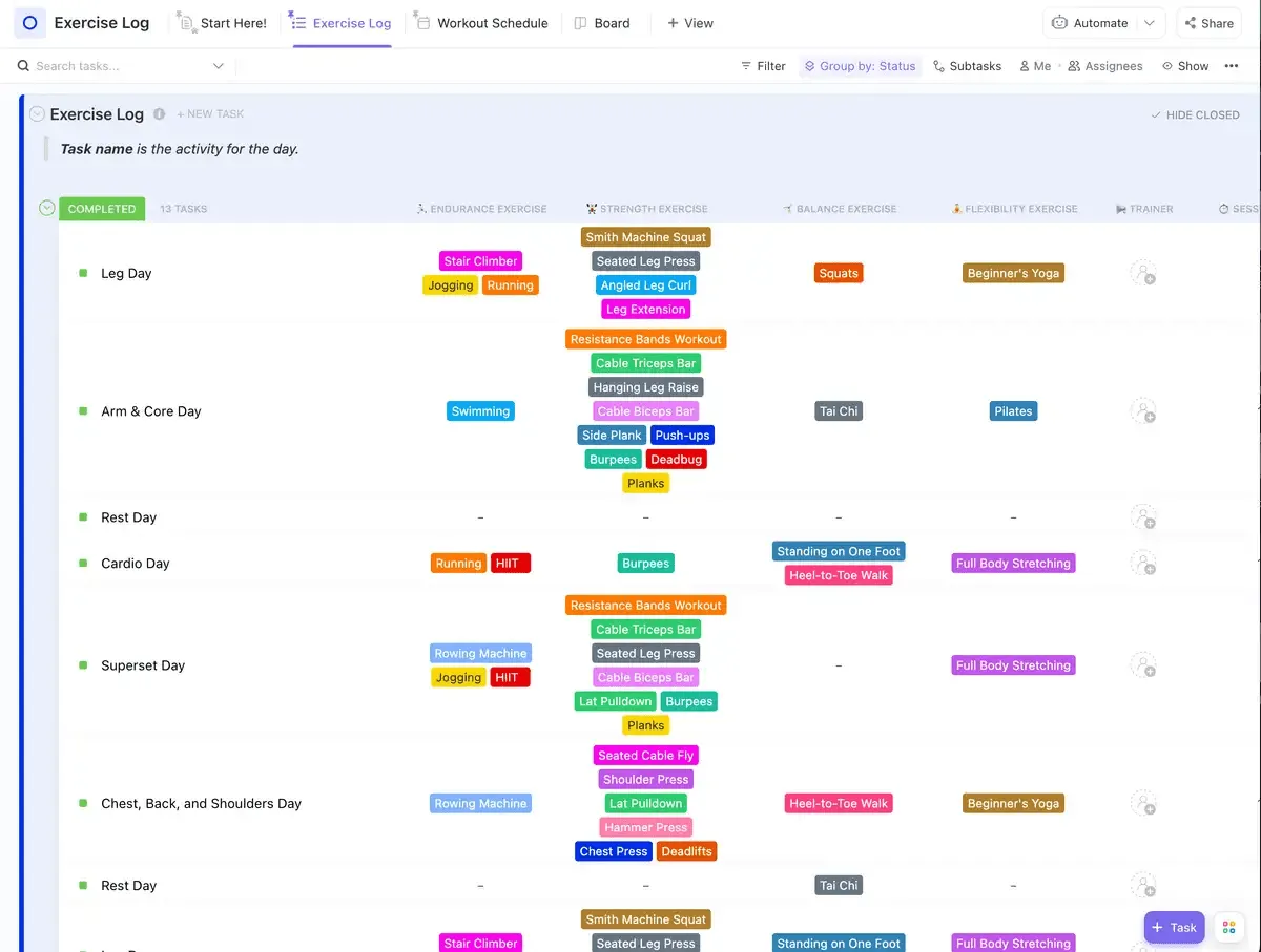 Registreer elke training met gedetailleerde aantekeningen en bereik je fitnessdoelen met behulp van de ClickUp-sjabloon voor trainingslogboek