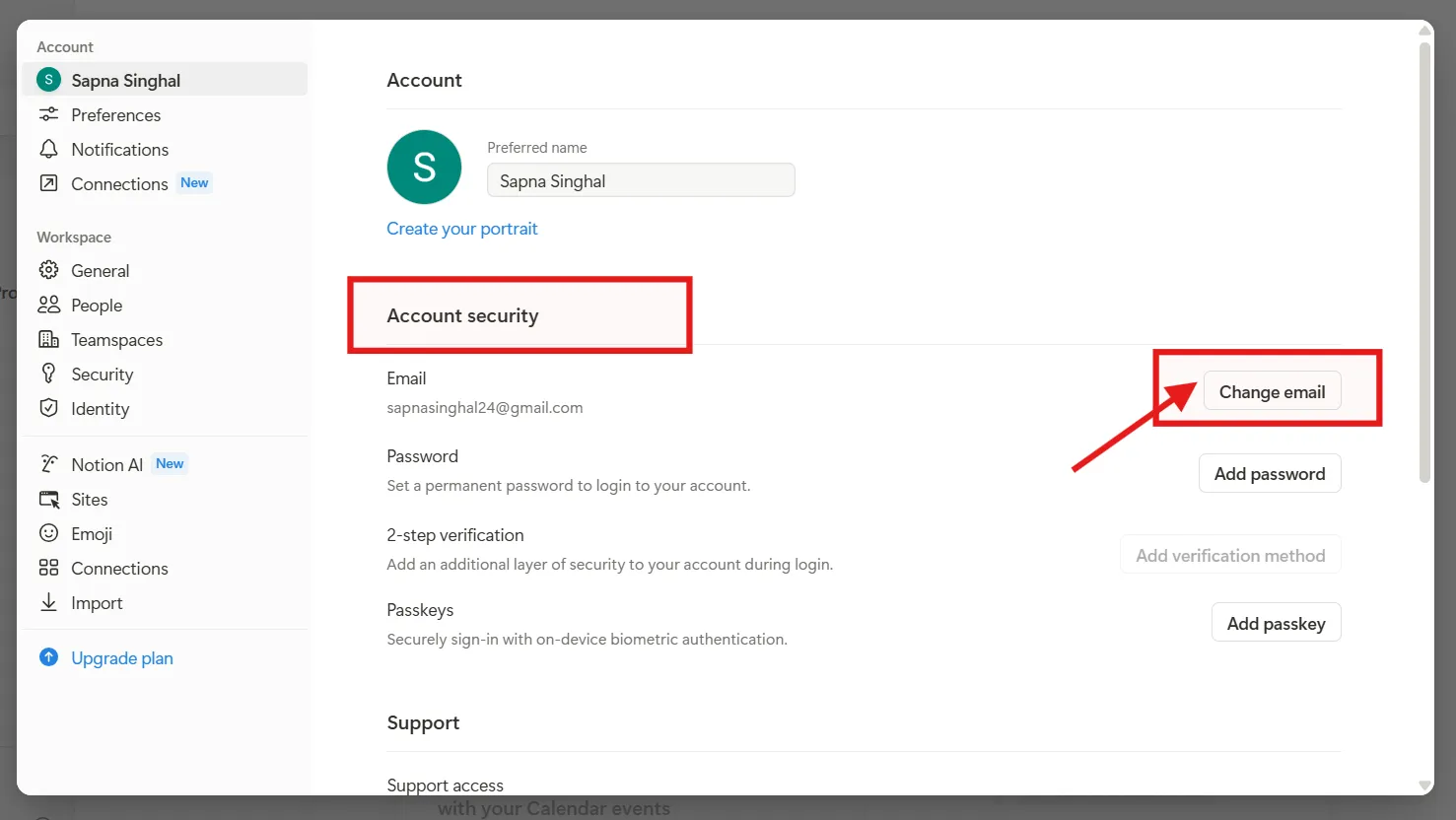 Impostazioni dell'account in Notion: accesso a Notion