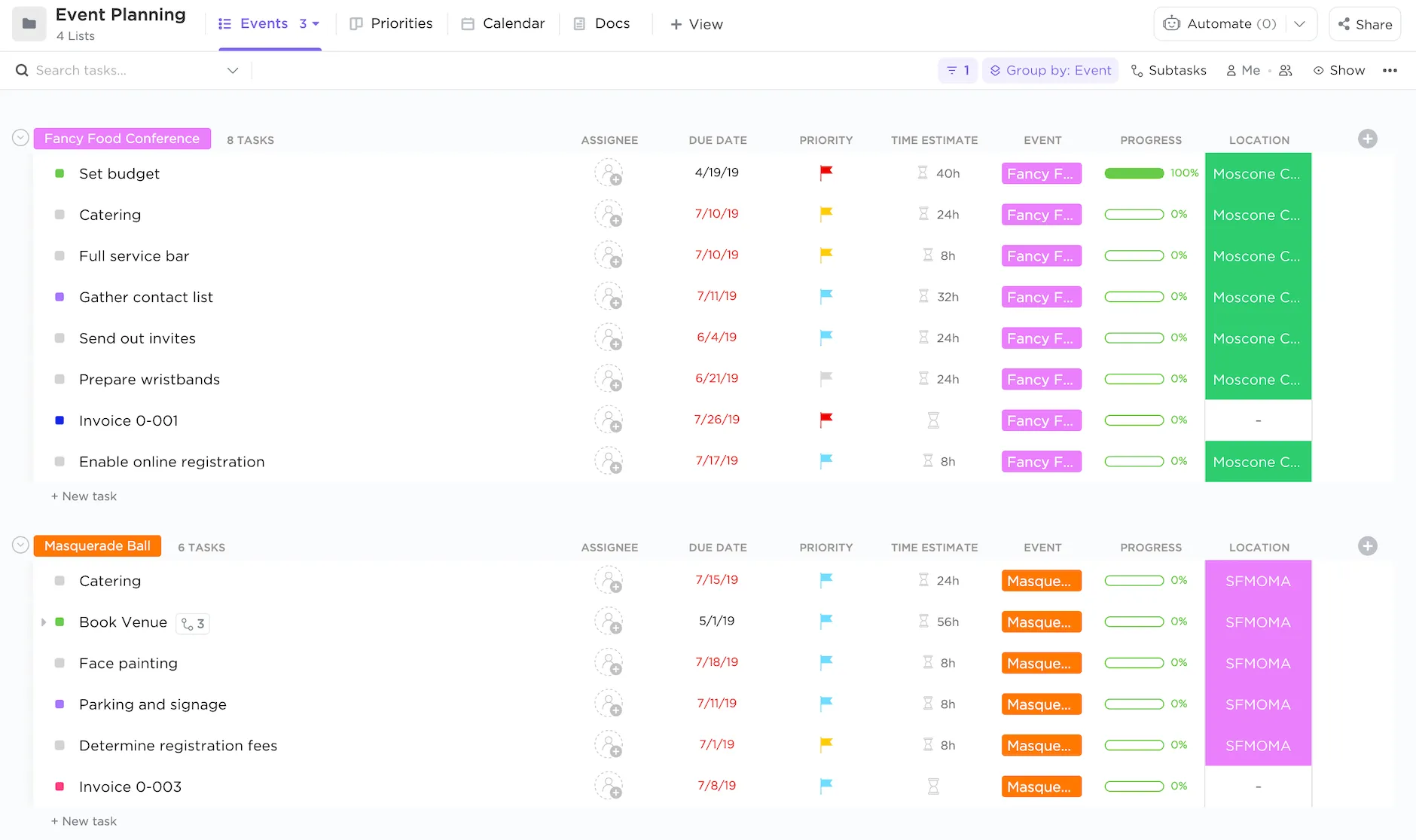 O modelo de planejamento de eventos do ClickUp permite que você alinhe sua equipe e seus recursos para uma colaboração tranquila e realizar o trabalho.