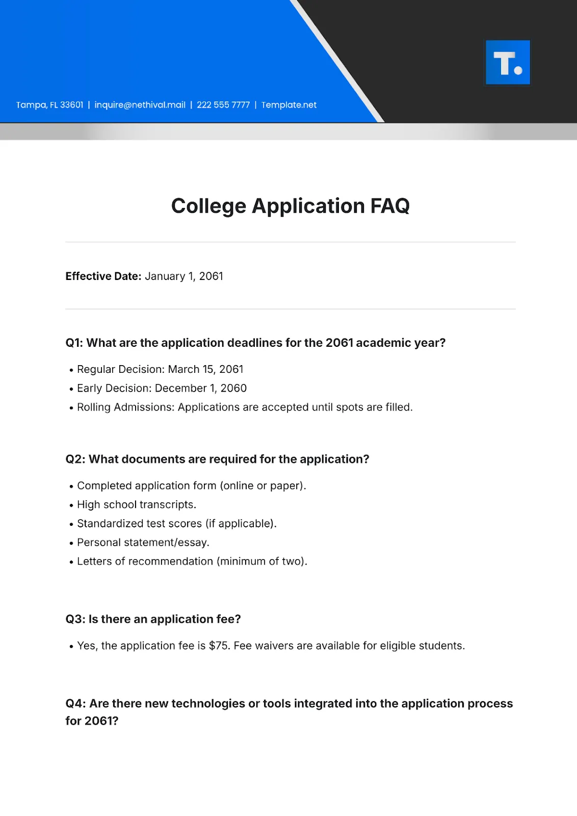 FAQ sur les candidatures à l'université par Template.net : aidez les étudiants à s'y retrouver dans les procédures d'admission grâce à des réponses structurées : modèles de FAQ prêts à l'emploi.