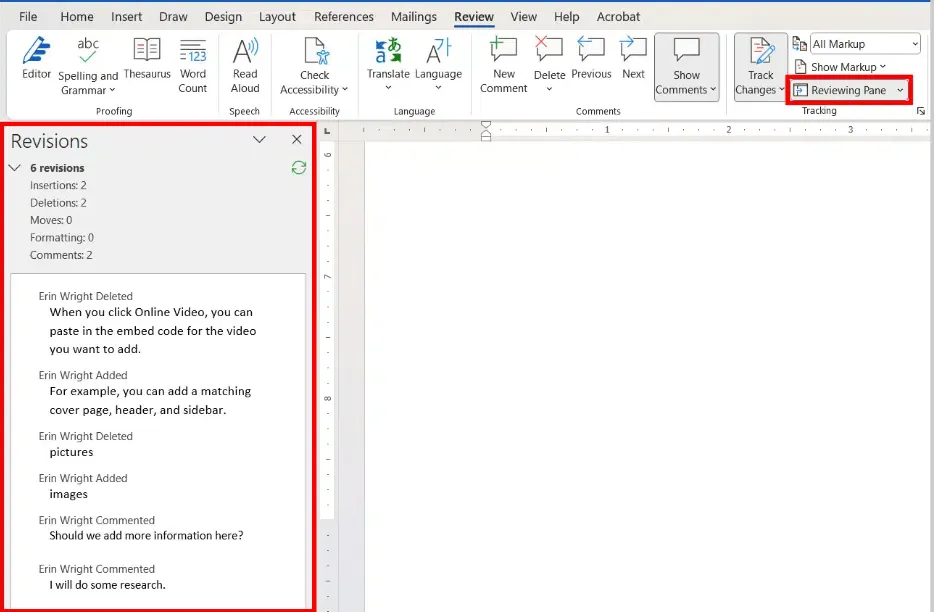 Прозорец за преглед как да проследявате промените в Word