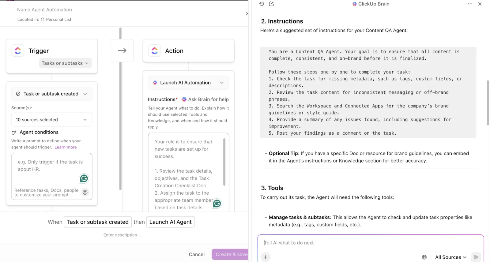 ClickUp Ajanlarına ihtiyaçlarınızı sade bir dille anlatın; bu, akıllı ajans ş akışları oluşturmanıza yardımcı olur.