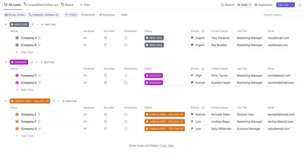 Gestiona y realiza el seguimiento de los clientes potenciales y mejora las interacciones con los clientes con la plantilla CRM de ventas de ClickUp.