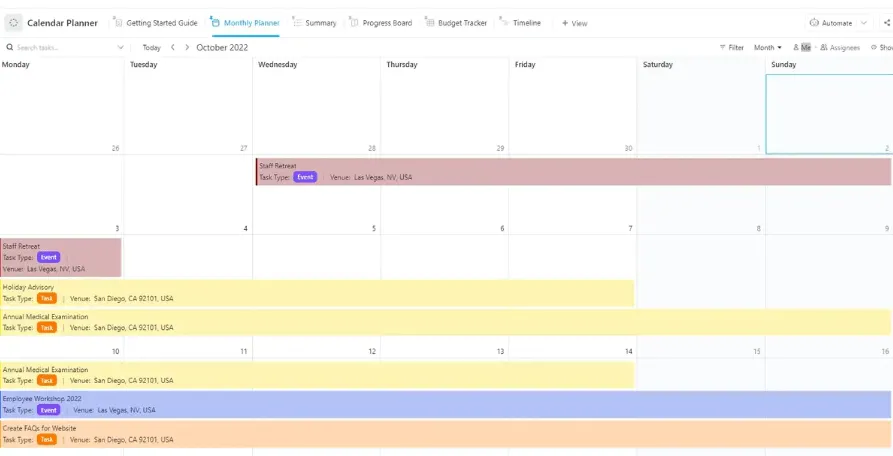 Gestisci tutte le tue attività e mantieni tutto organizzato con il modello di pianificatore di calendario ClickUp.