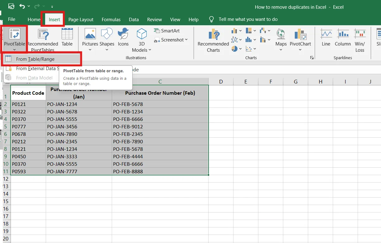 วิธีค้นหาข้อมูลซ้ำใน Excel - สร้าง PivotTable