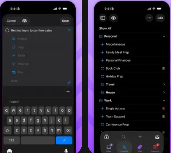 OmniFocus 4 en el iPhone, mostrando los campos de entrada de tareas y los proyectos agrupados en «Personal» y «Trabajo»
