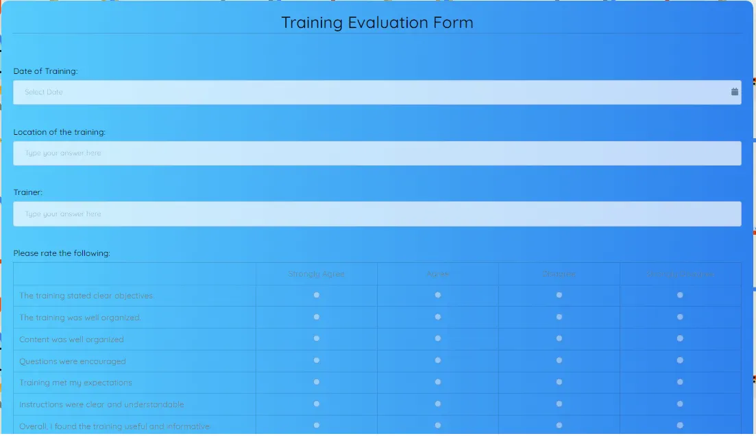 Modelo de formulário de avaliação de treinamento
