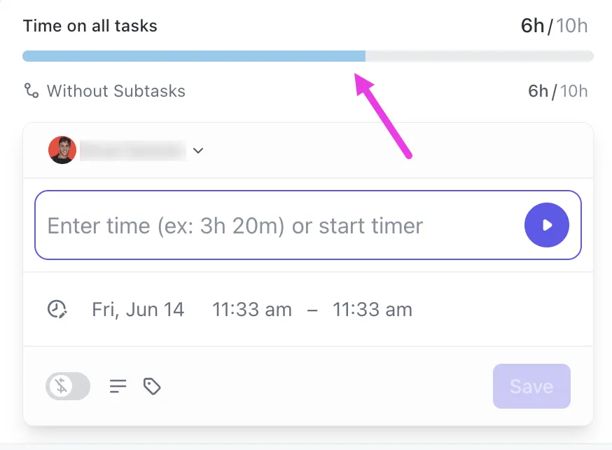 Rastreamento de tempo do ClickUp: rastreador integrado que mostra quanto tempo as tarefas levam