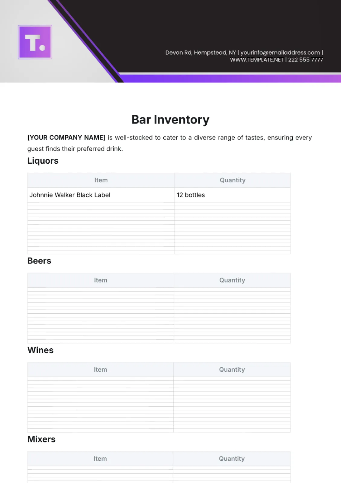 Plantilla de inventario de barra de Template.Net