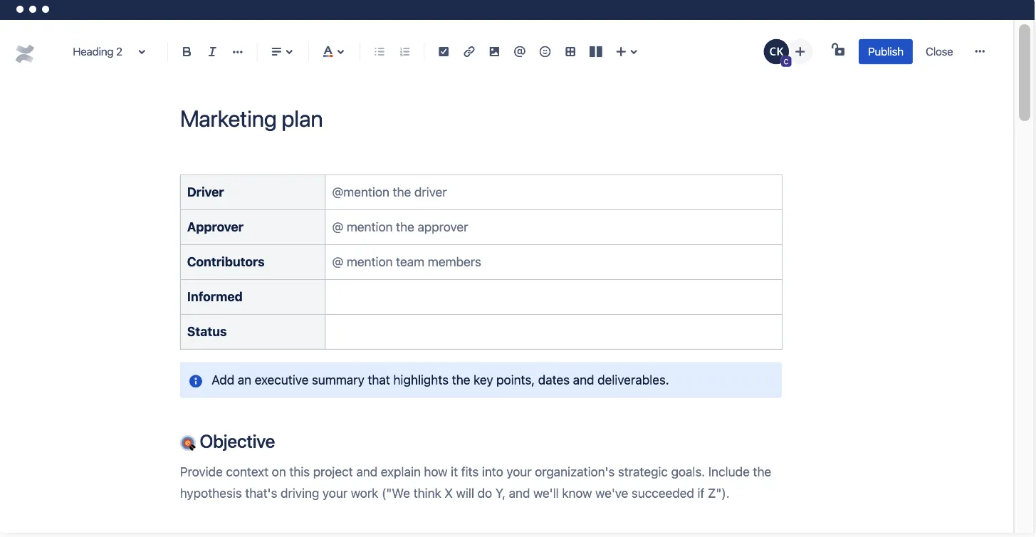 Plantilla de plan de marketing de las plantillas de Confluence