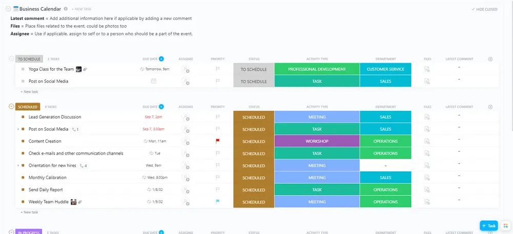 Modèle de calendrier professionnel ClickUp pour l'entreprise