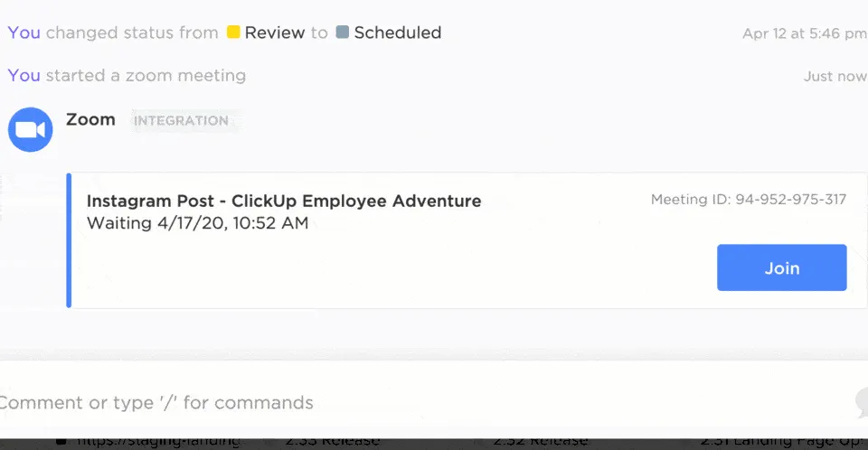 Planen und veranstalten Sie Check-ins mühelos mit der ClickUp- und Zoom-Integration: Team-Check-ins